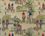 Horse hunt fabric equestrian hounds toile red blue