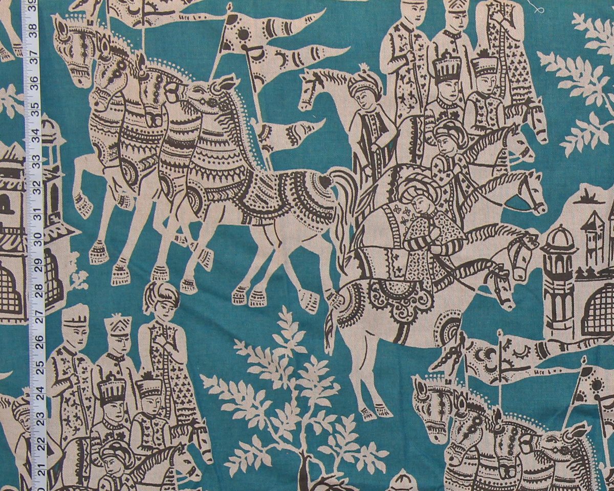 Teal Indian toile fabric blue Asian horse REMNANT- 36"