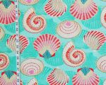 Aqua seashell fabric coastal whimsical ocean carnival pink orange scallops ammonites