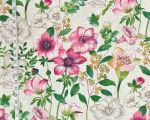 Pink  floral fabric toile anemone meadow gentian nature watercolor