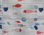 Beach fabric sea shore weathered boards red blue wooden ocean fish
