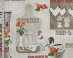 Retro chicken fabric rooster breakfast coffee orange roses tan gingham- Remnant- 1 3/4 yd