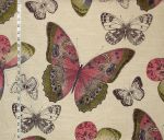 Butterfly fabric toile fall pink green blue linen