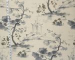Oriental toile fabric charcoal ink wash painting literati pagoda
