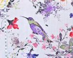 Purple tropical bird fabric spring floral yellow rose linen